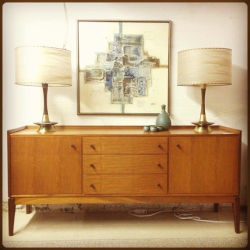 English Cherry Sideboard with Table Lamps and Canvas